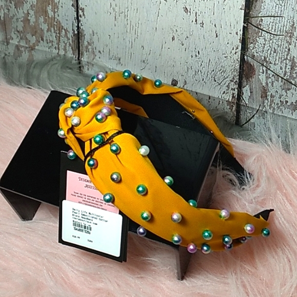 Mustard Knotted Multicolor Pearl Embellished Soft HeadBand - Picture 3 of 12
